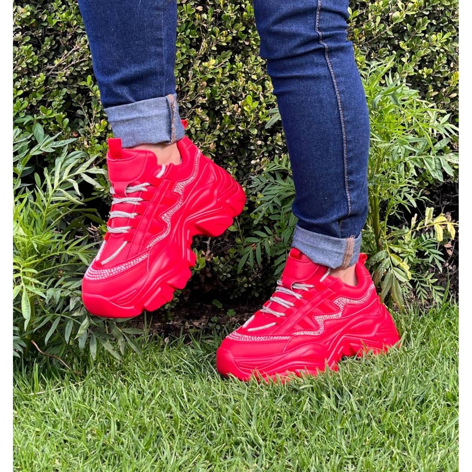 Tenis para Dama Mujer de Plataforma Chunky Rojos con Agujeta de Brillos
