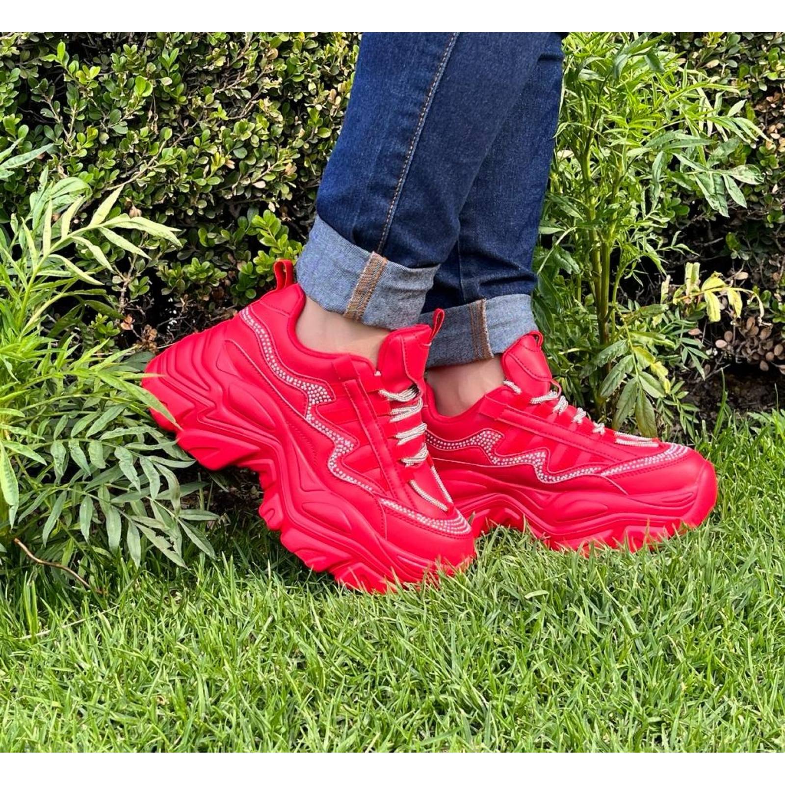 Tenis para Dama Mujer de Plataforma Chunky Rojos con Agujeta de Brillos
