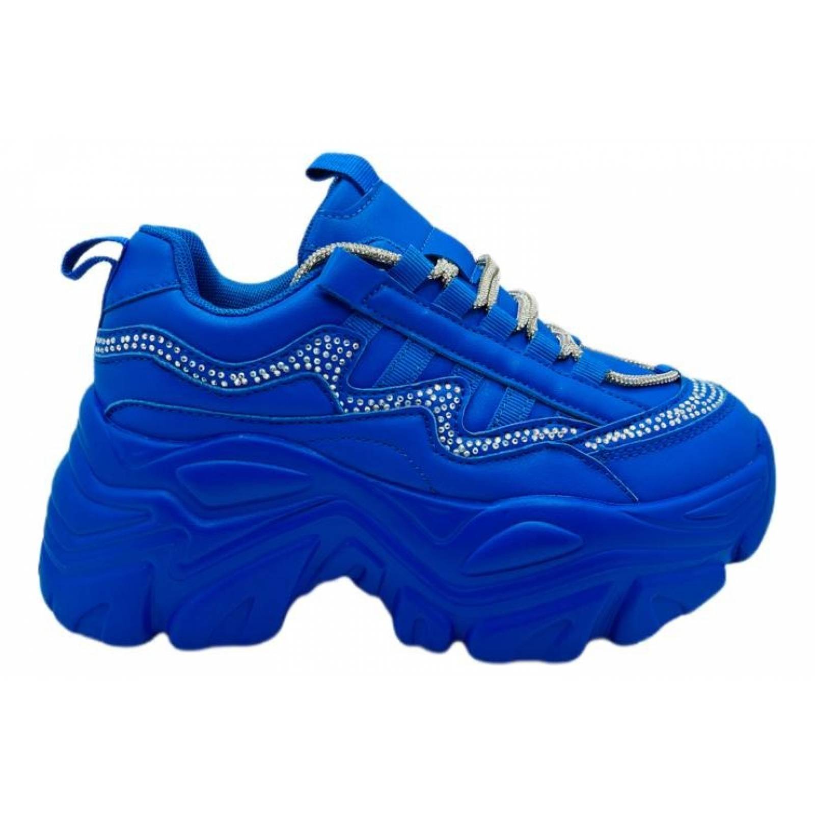 Tenis para Dama Mujer de Plataforma Chunky Azul Rey con Agujeta de Brillos