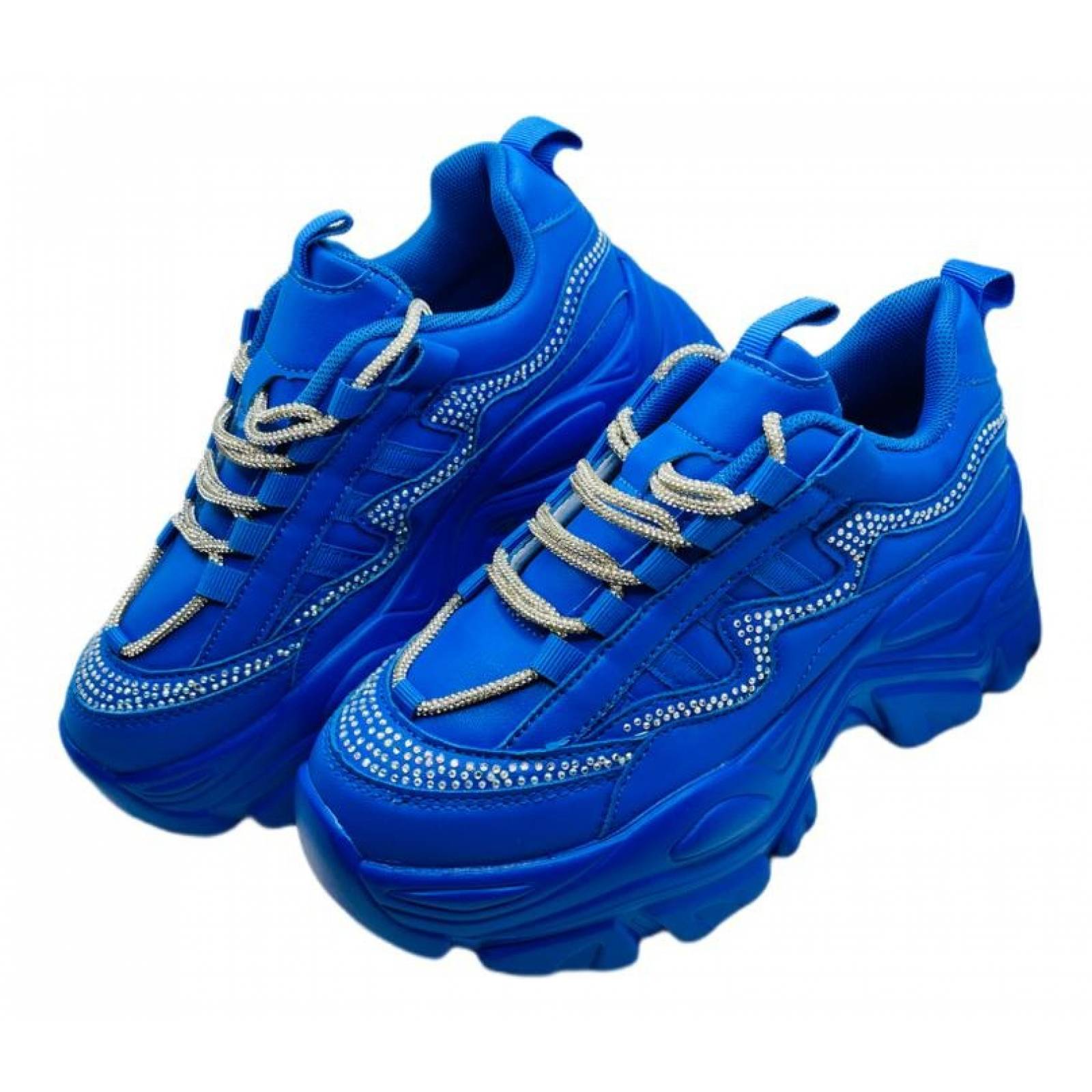 Tenis para Dama Mujer de Plataforma Chunky Azul Rey con Agujeta de Brillos