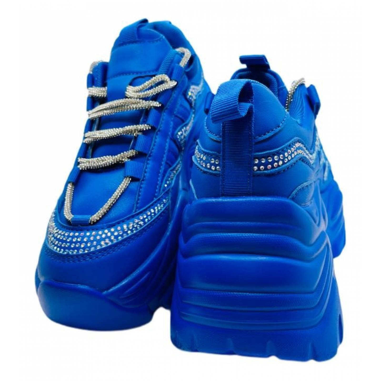 Tenis para Dama Mujer de Plataforma Chunky Azul Rey con Agujeta de Brillos