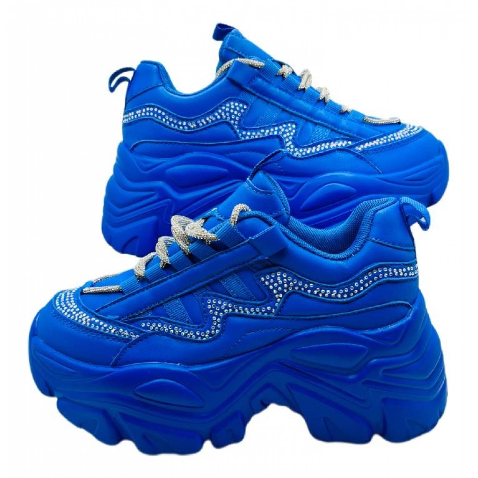 Tenis para Dama Mujer de Plataforma Chunky Azul Rey con Agujeta de Brillos