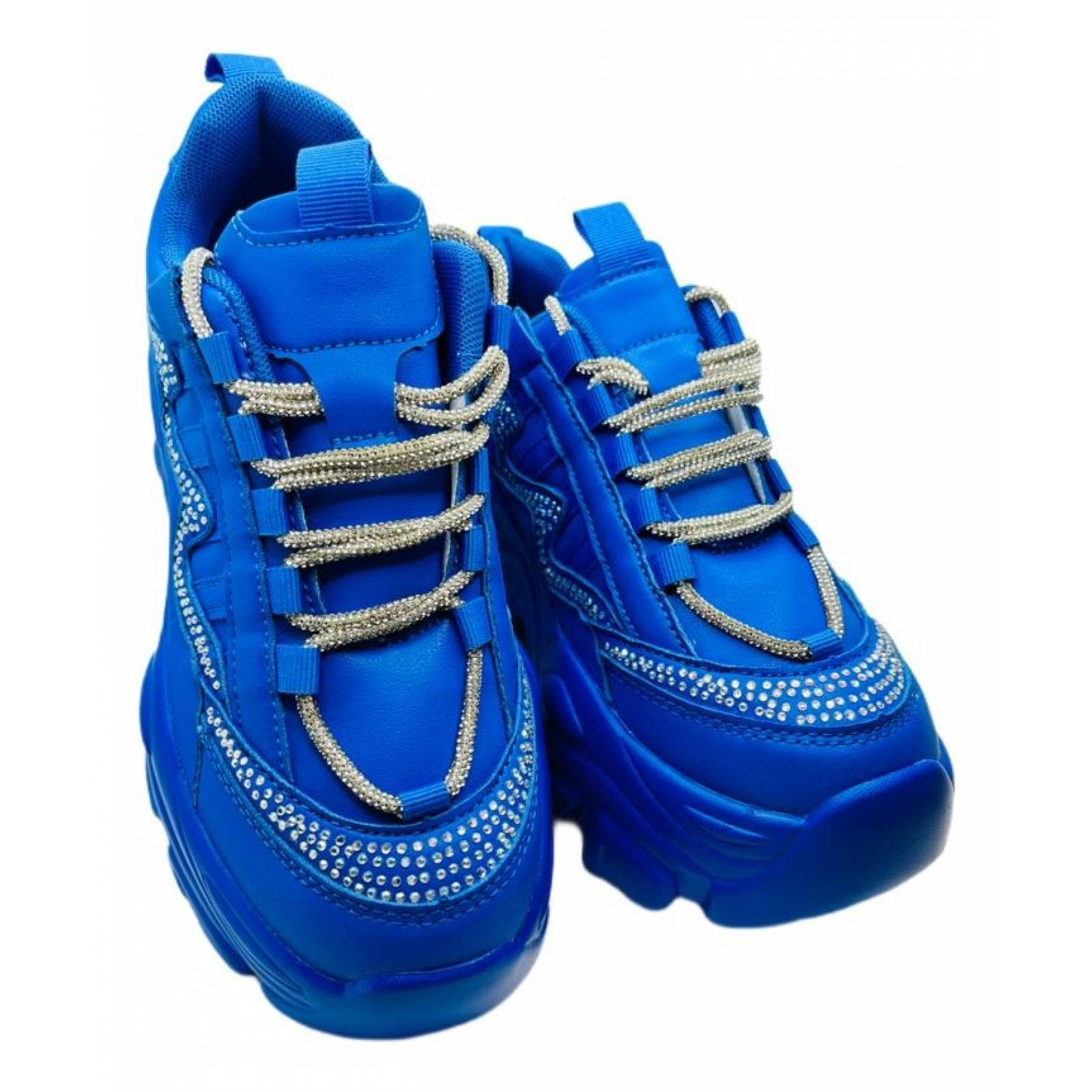 Tenis para Dama Mujer de Plataforma Chunky Azul Rey con Agujeta de Brillos