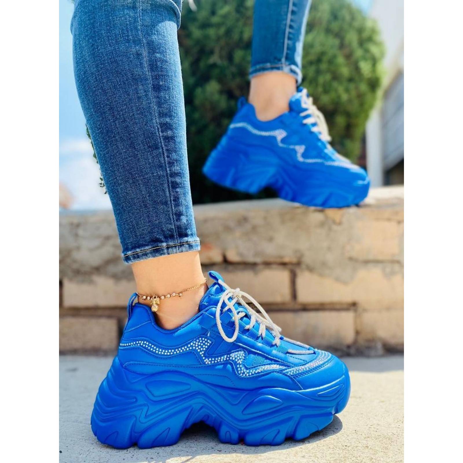 Tenis para Dama Mujer de Plataforma Chunky Azul Rey con Agujeta de Brillos