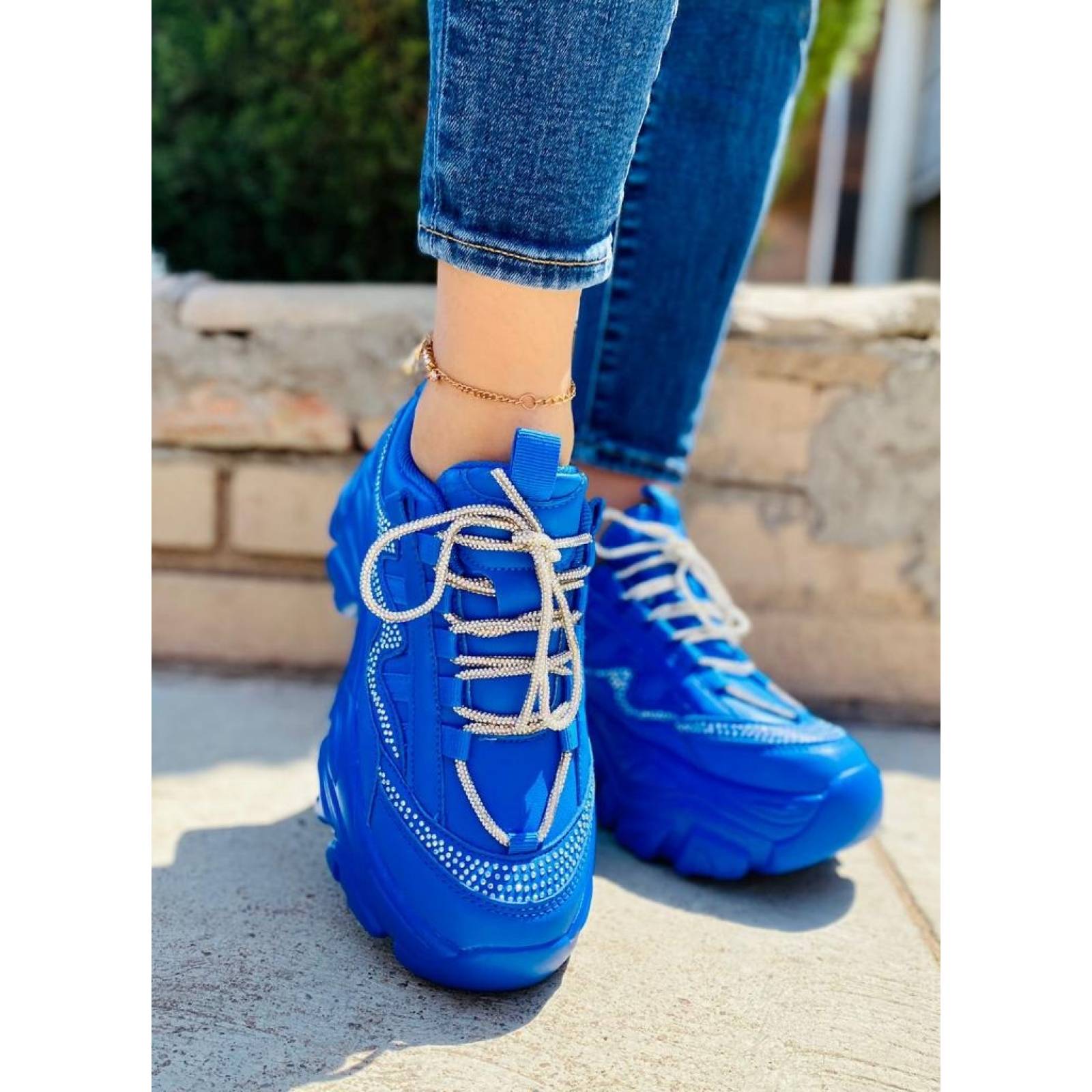 Tenis para Dama Mujer de Plataforma Chunky Azul Rey con Agujeta de Brillos