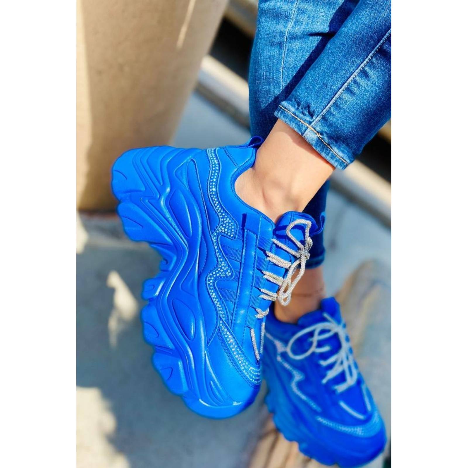 Tenis para Dama Mujer de Plataforma Chunky Azul Rey con Agujeta de Brillos