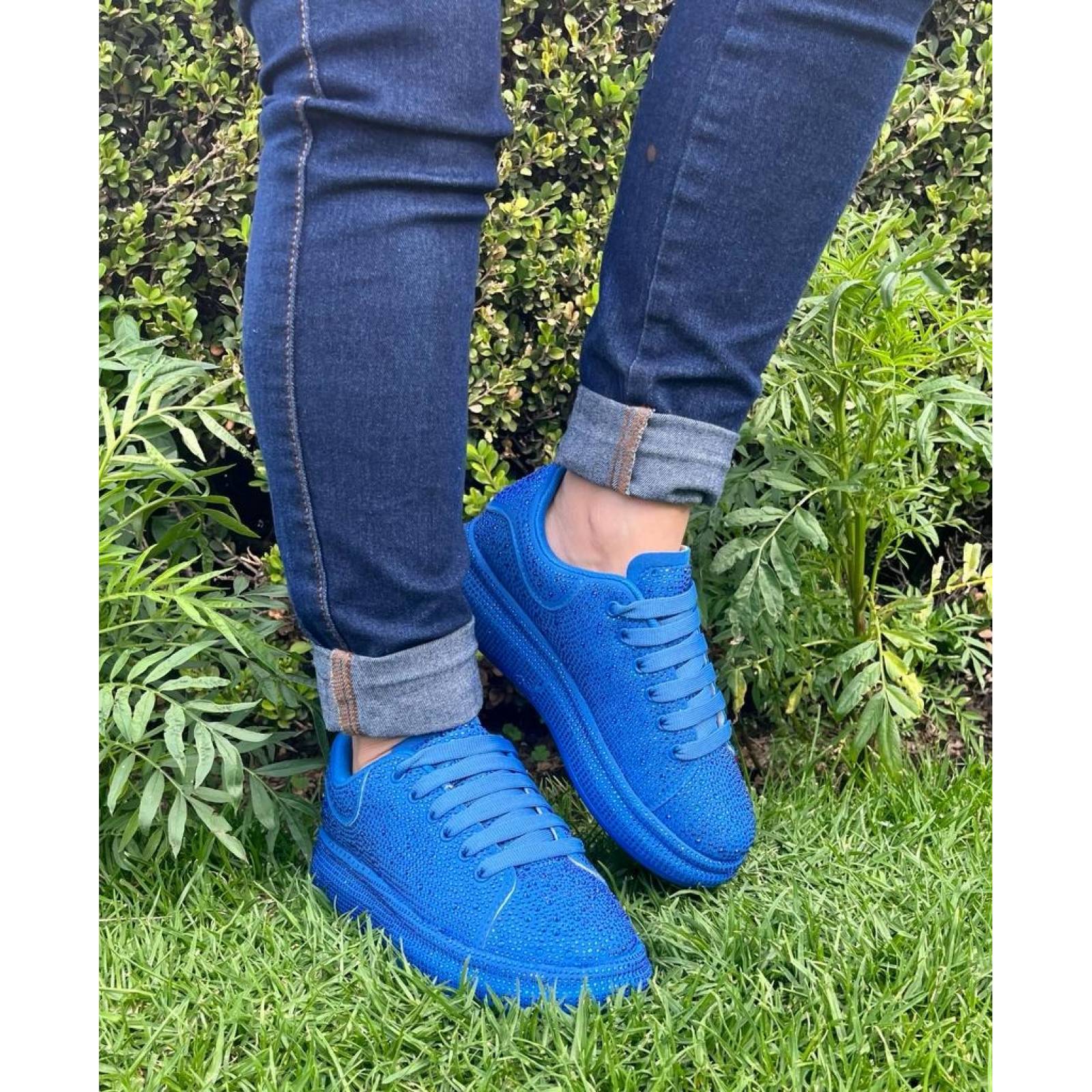 Tenis para Dama Mujer de Moda con Brillos y Pedreria Incrustada de Moda Azul
