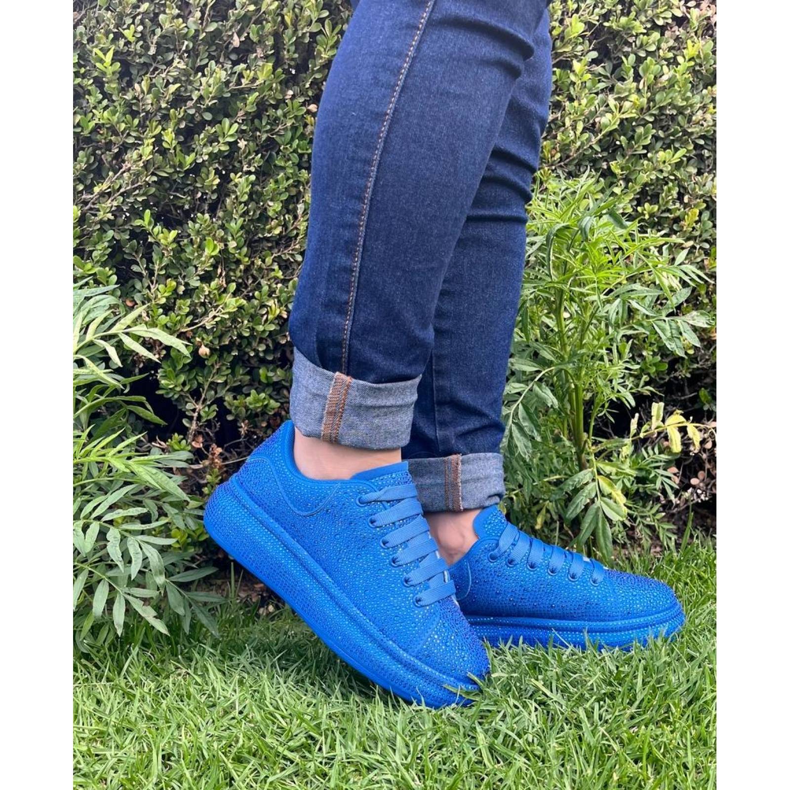 Tenis para Dama Mujer de Moda con Brillos y Pedreria Incrustada de Moda Azul