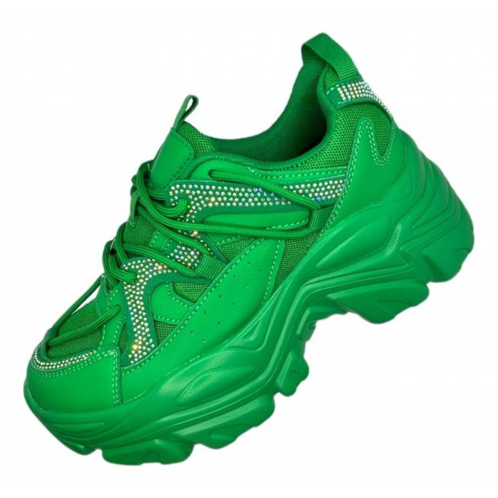 Sneakers Tenis para Dama Mujer de Plataforma Chunky Brillos y Pedrería Verde