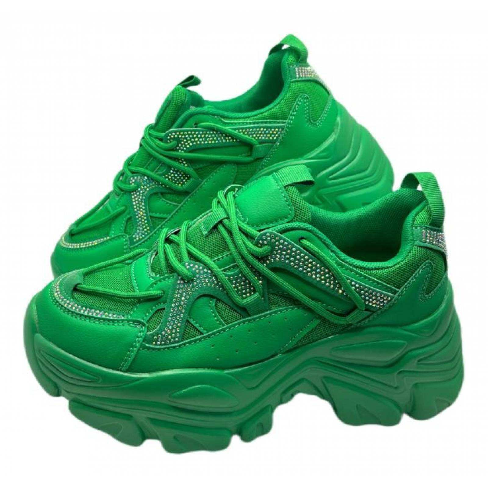 Sneakers Tenis para Dama Mujer de Plataforma Chunky Brillos y Pedrería Verde
