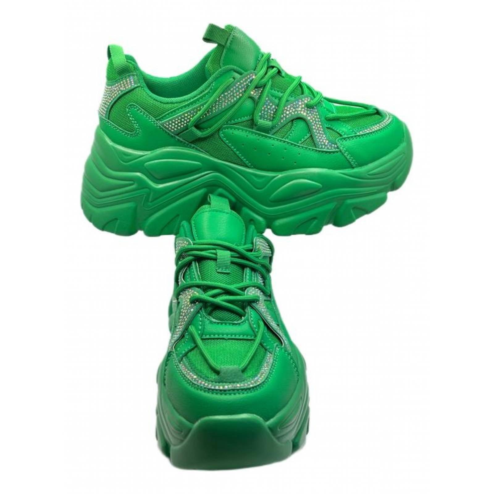 Sneakers Tenis para Dama Mujer de Plataforma Chunky Brillos y Pedrería Verde