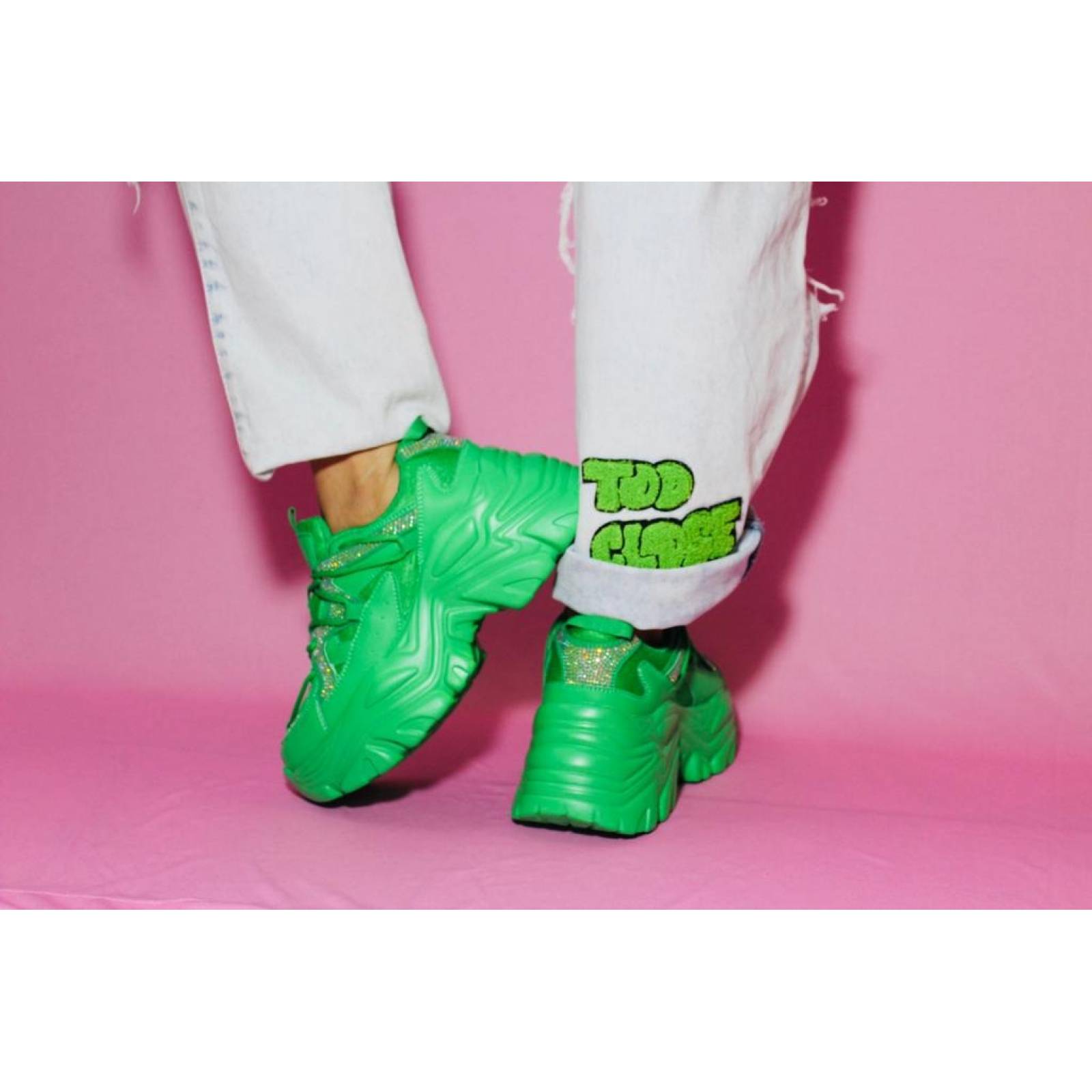 Sneakers Tenis para Dama Mujer de Plataforma Chunky Brillos y Pedrería Verde