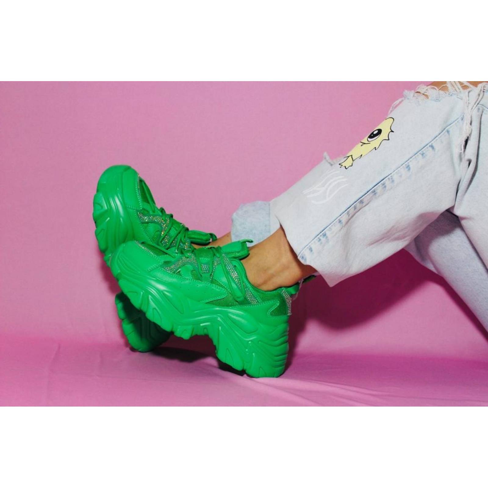 Sneakers Tenis para Dama Mujer de Plataforma Chunky Brillos y Pedrería Verde