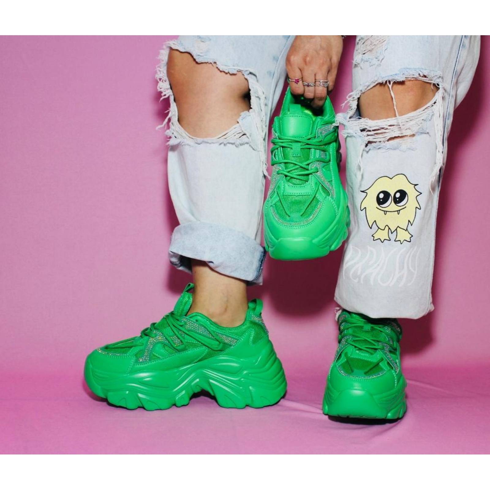 Sneakers Tenis para Dama Mujer de Plataforma Chunky Brillos y Pedrería Verde