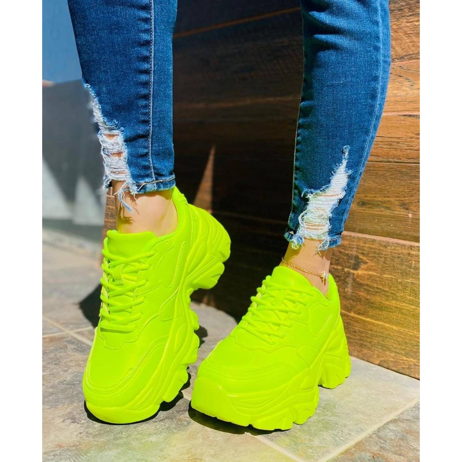 Sneakers Tenis para Mujer Dama de Plataforma Chunky Tendencia Amarillo Neon