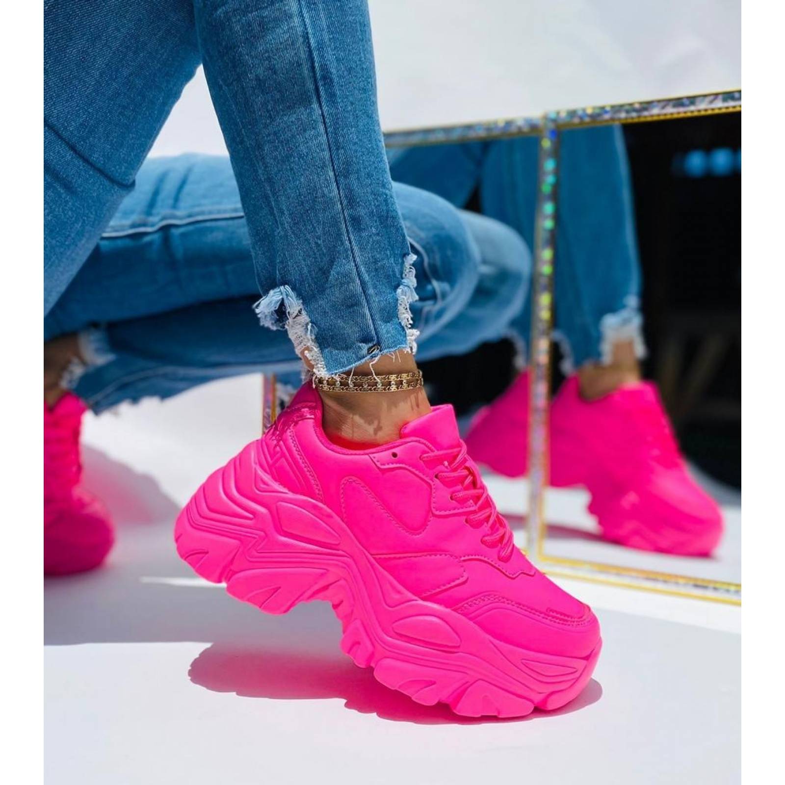 Sneakers Tenis para Dama Mujer de Plataforma Chunky en Tendencia Rosa Neón