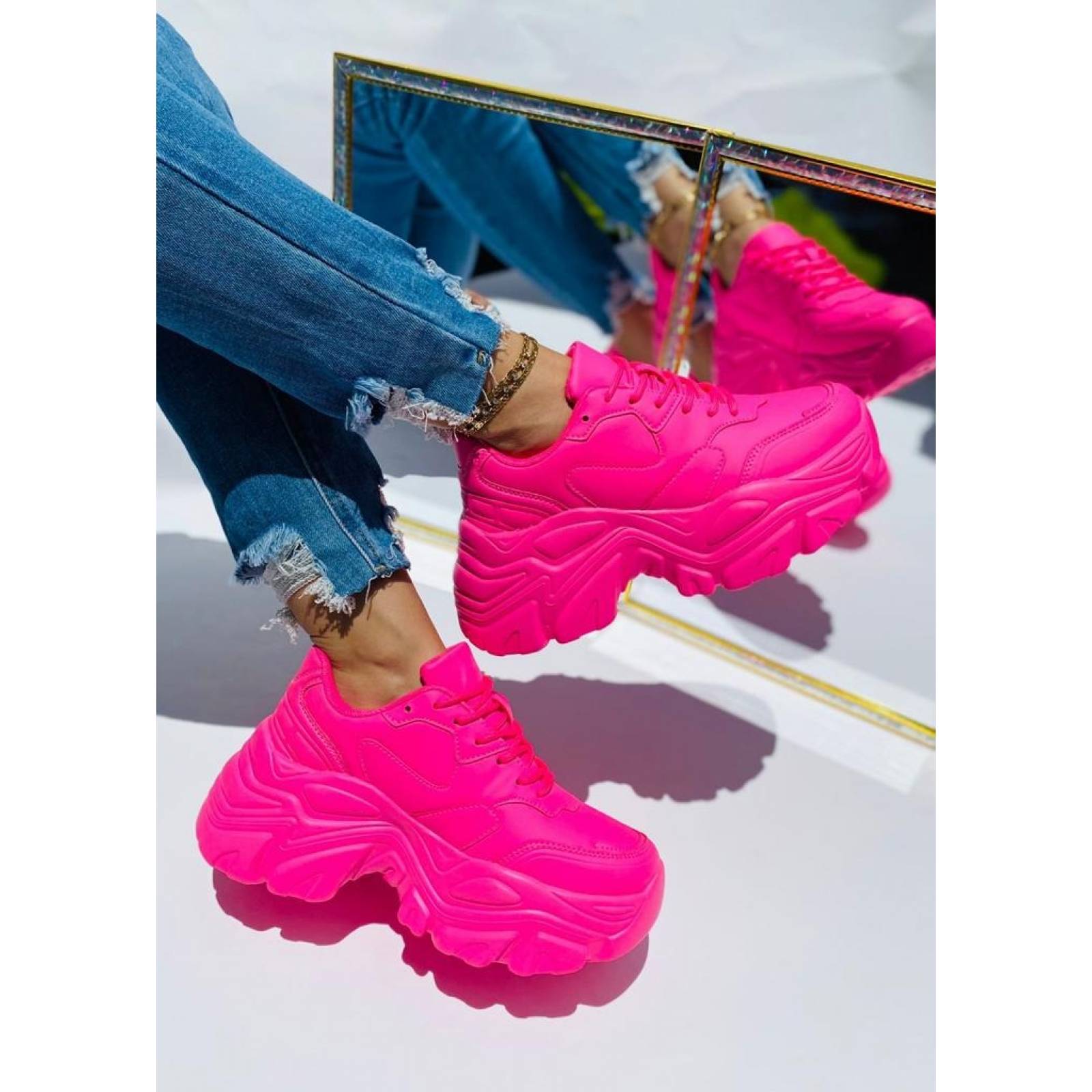 Sneakers Tenis para Dama Mujer de Plataforma Chunky en Tendencia Rosa Neón