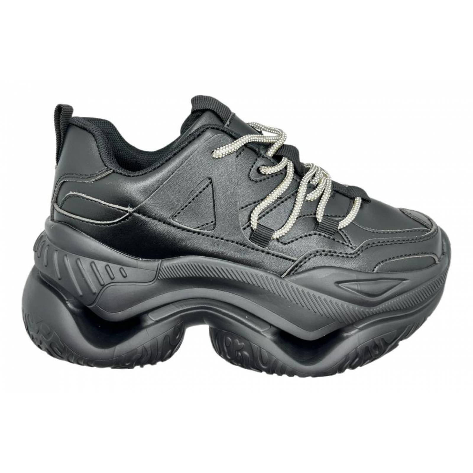 Tenis para Dama Mujer de Plataforma Chunky con Agujeta de Brillos Negros