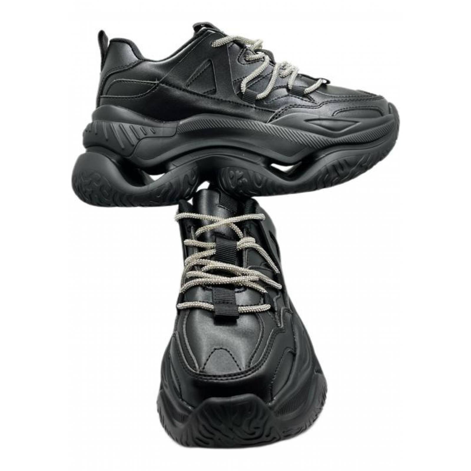 Tenis para Dama Mujer de Plataforma Chunky con Agujeta de Brillos Negros