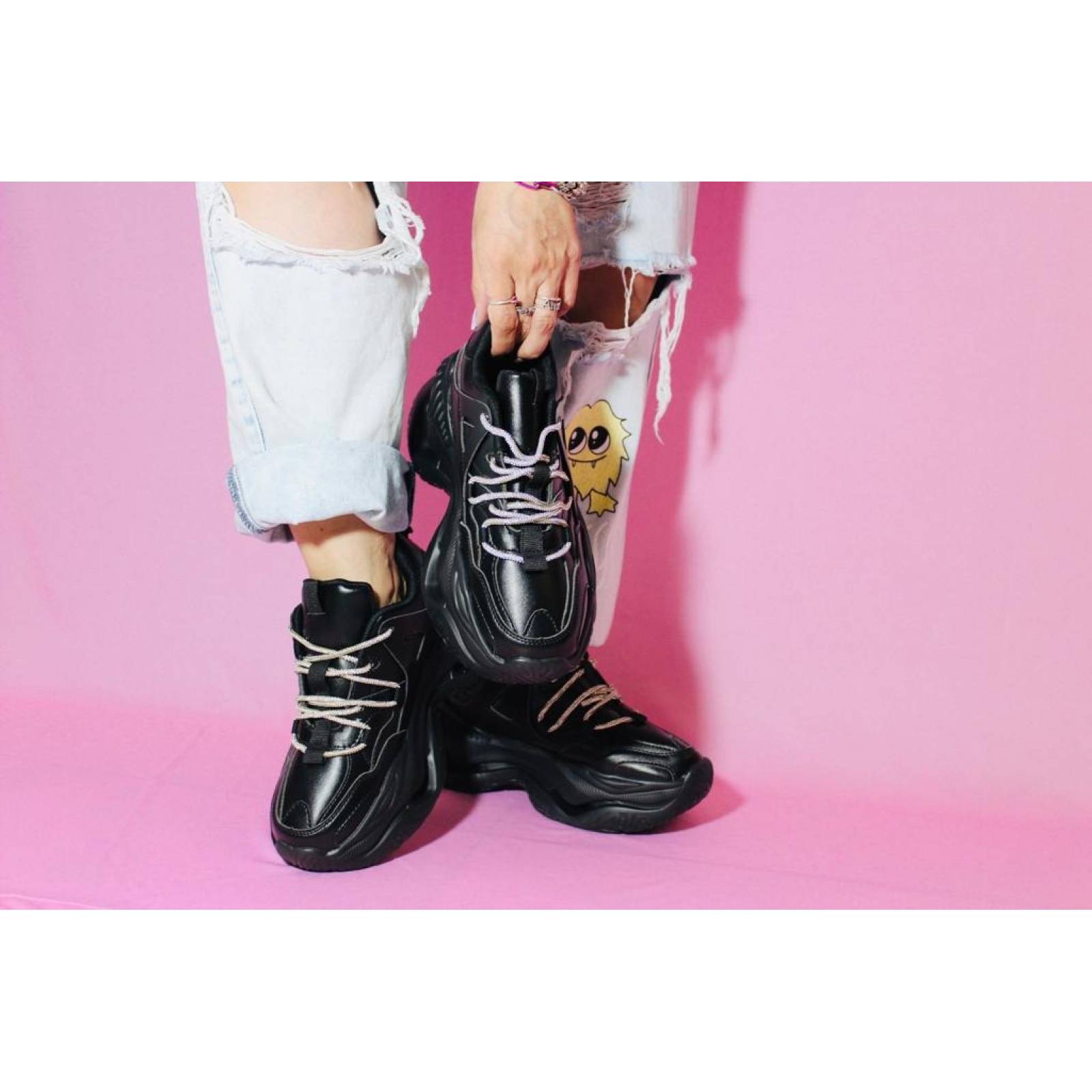 Tenis para Dama Mujer de Plataforma Chunky con Agujeta de Brillos Negros