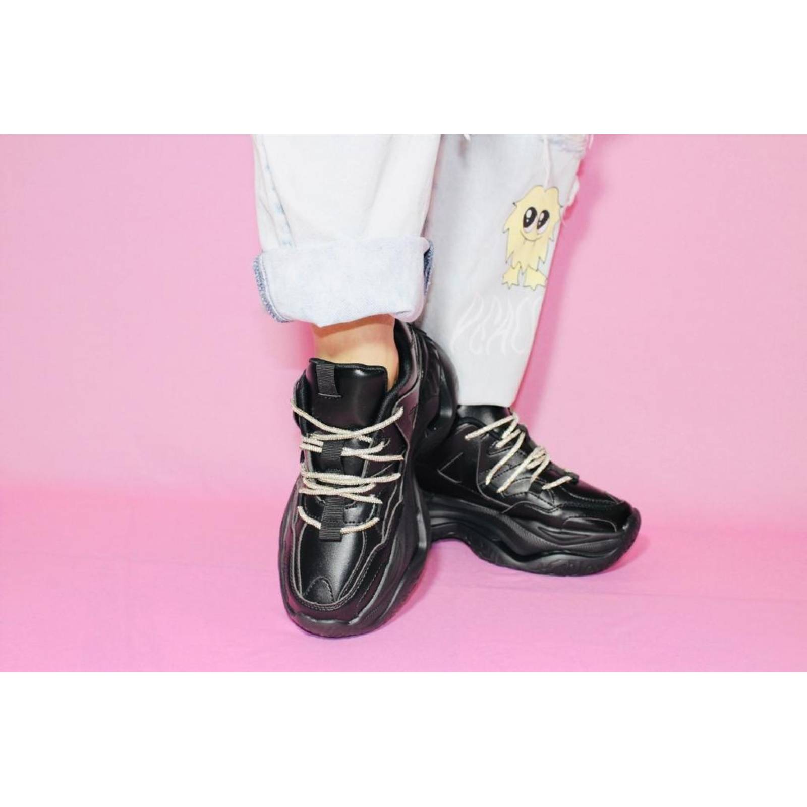Tenis para Dama Mujer de Plataforma Chunky con Agujeta de Brillos Negros