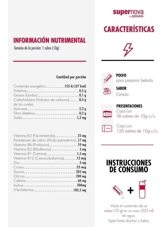 Supernova Energía 36 Sobres Bebida Sabor Cereza Kromasol