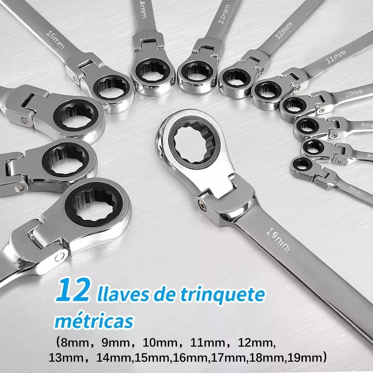 Llave Inglesa Combinada Tipo Matraca Ajustable Plata 12 Pzs
