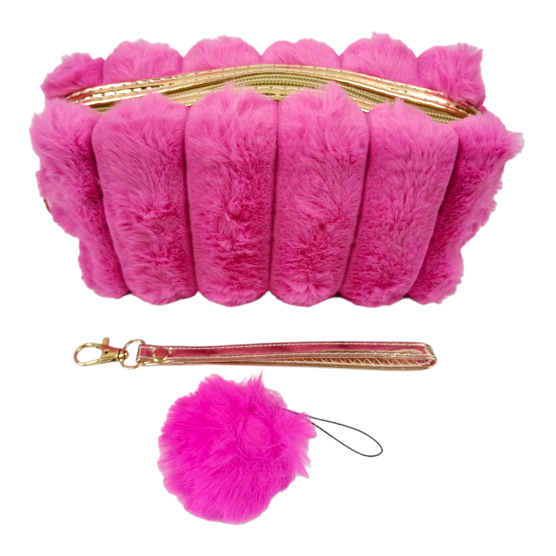 Cosmetiquera de peluche con pompón y correa desprendible modelo A