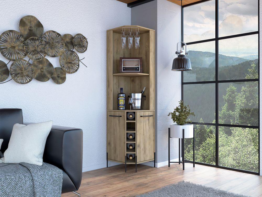 Bar Esquinero Sharon, Macadamia, con Espacio Superior Para Almacenar Copas de Vino