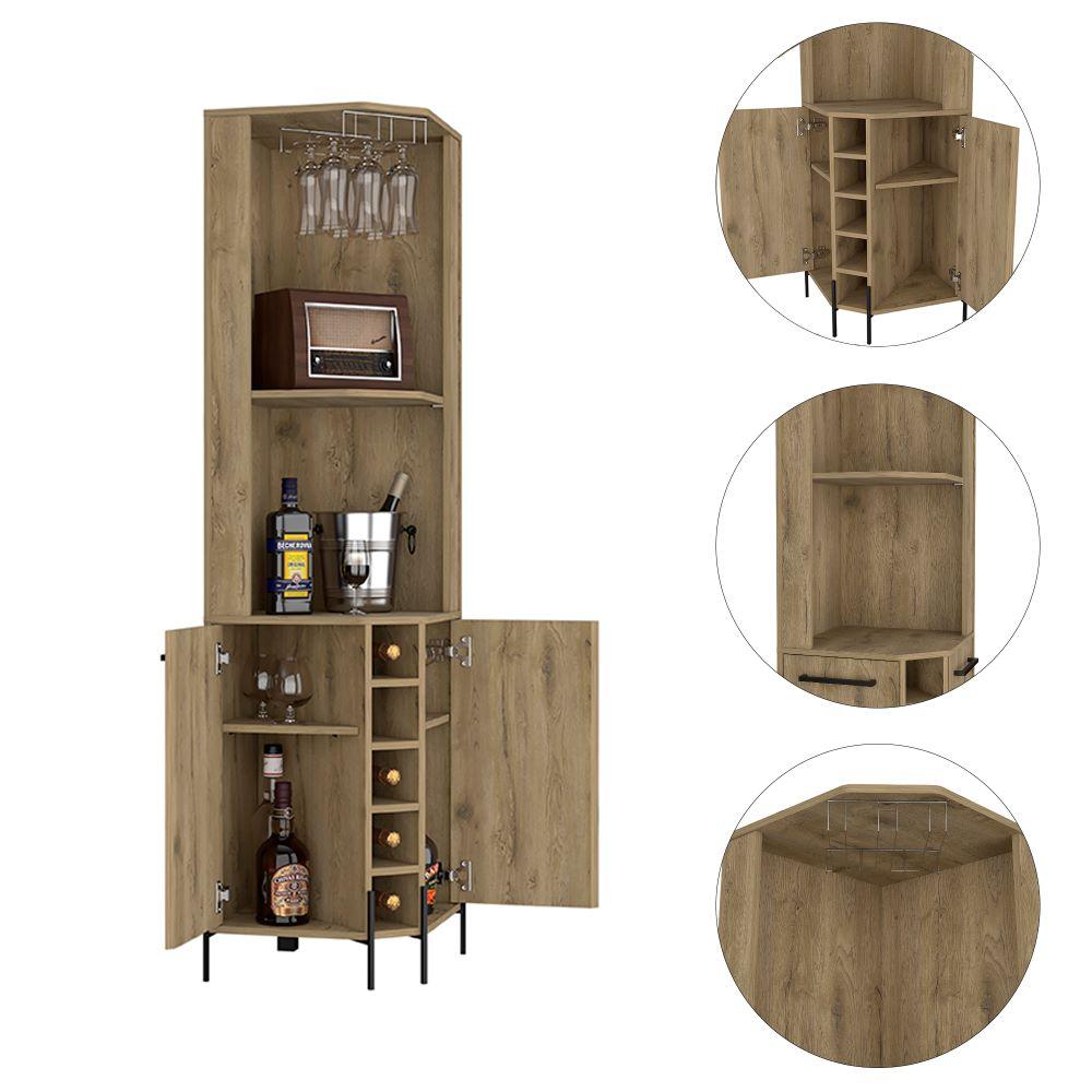 Bar Esquinero Sharon, Macadamia, con Espacio Superior Para Almacenar Copas de Vino