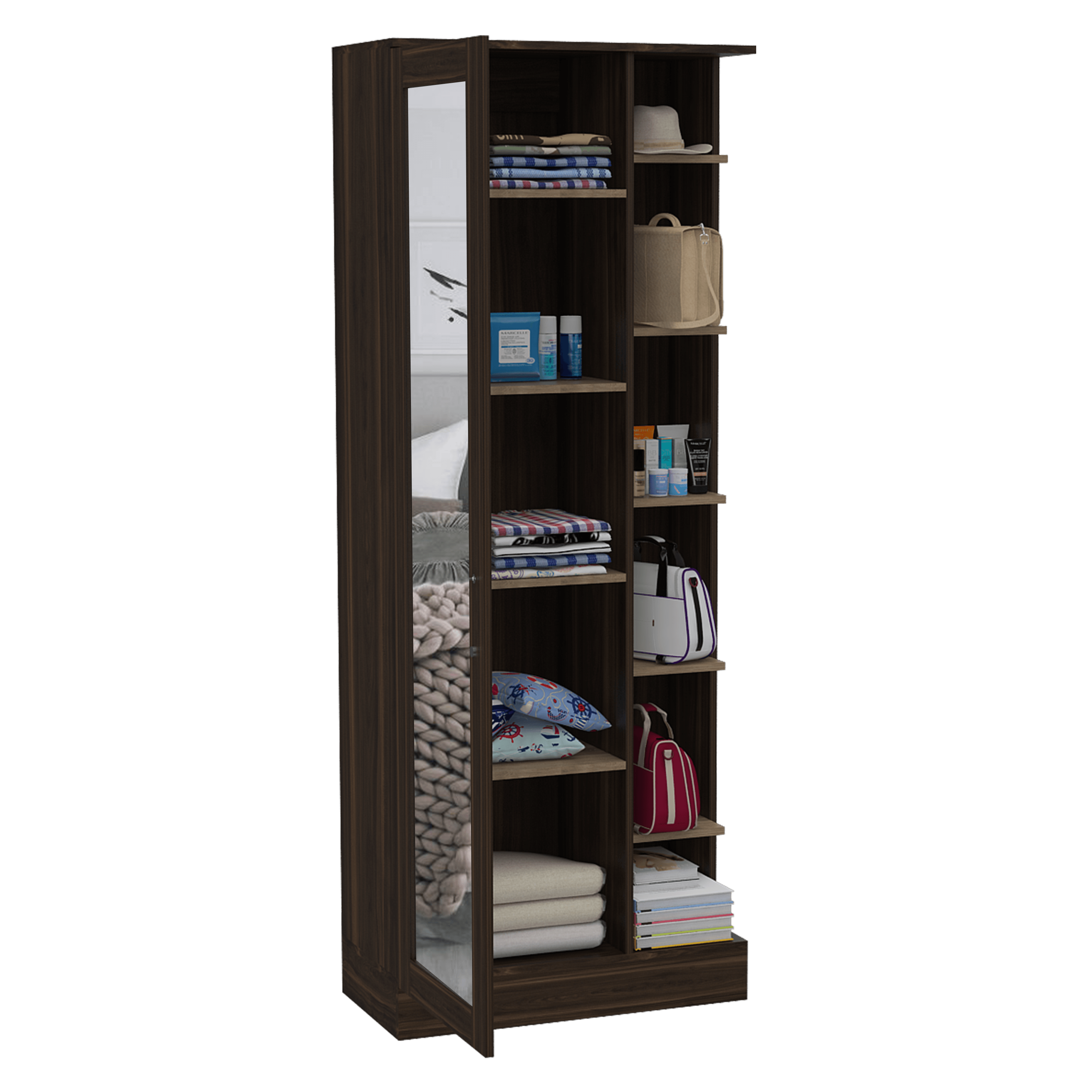 Closet Lara con Espejo, Caoba, con Siete Entrepaños y Gran Capacidad de Almacenamiento