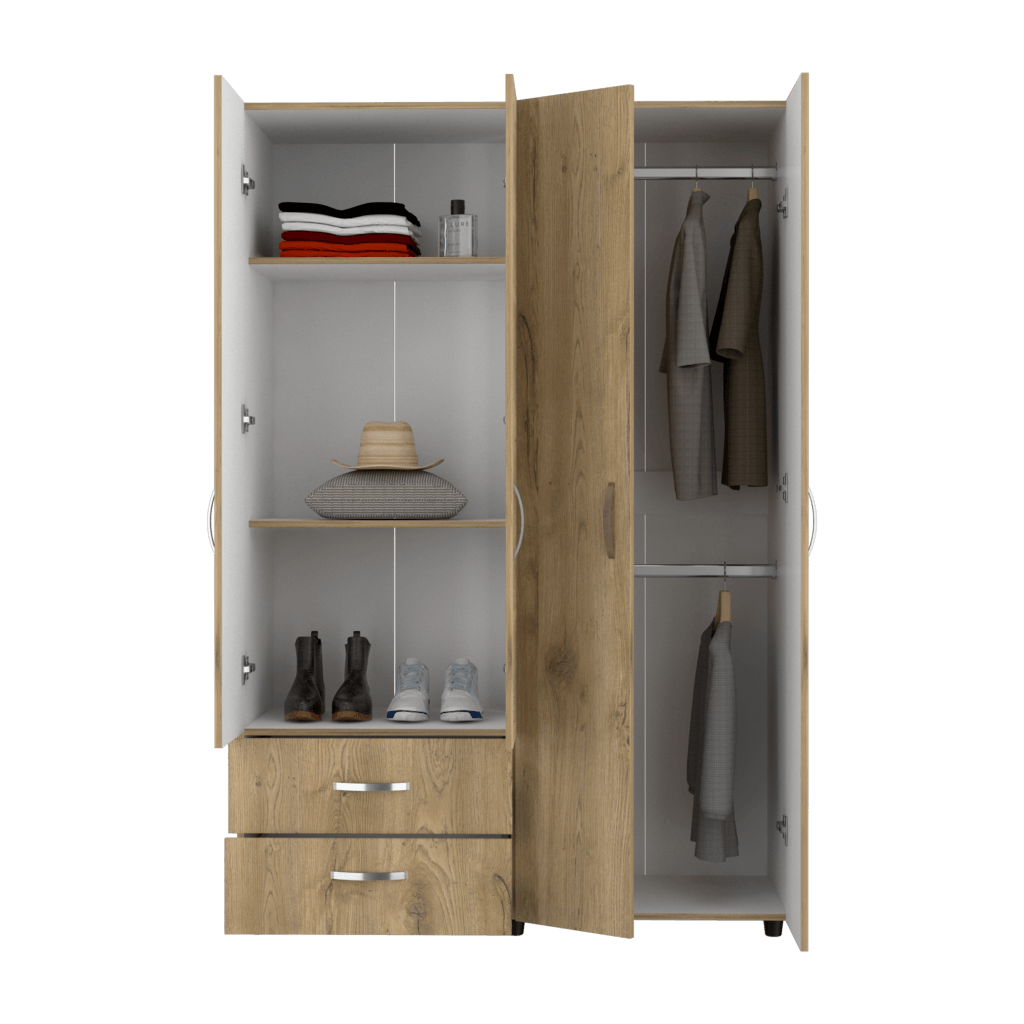 Closet Arkola, Macadamia y Blanco, con Dos Cajones Organizadores y Cuatro Puertas Abatibles