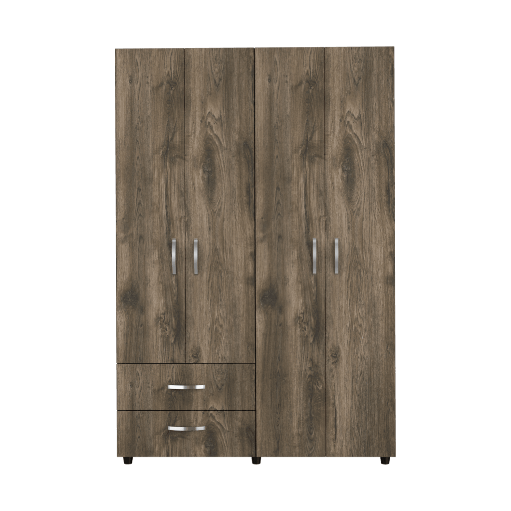 Closet Arkola, Nogal y Blanco, con Dos Cajones Organizadores y Cuatro Puertas Abatibles