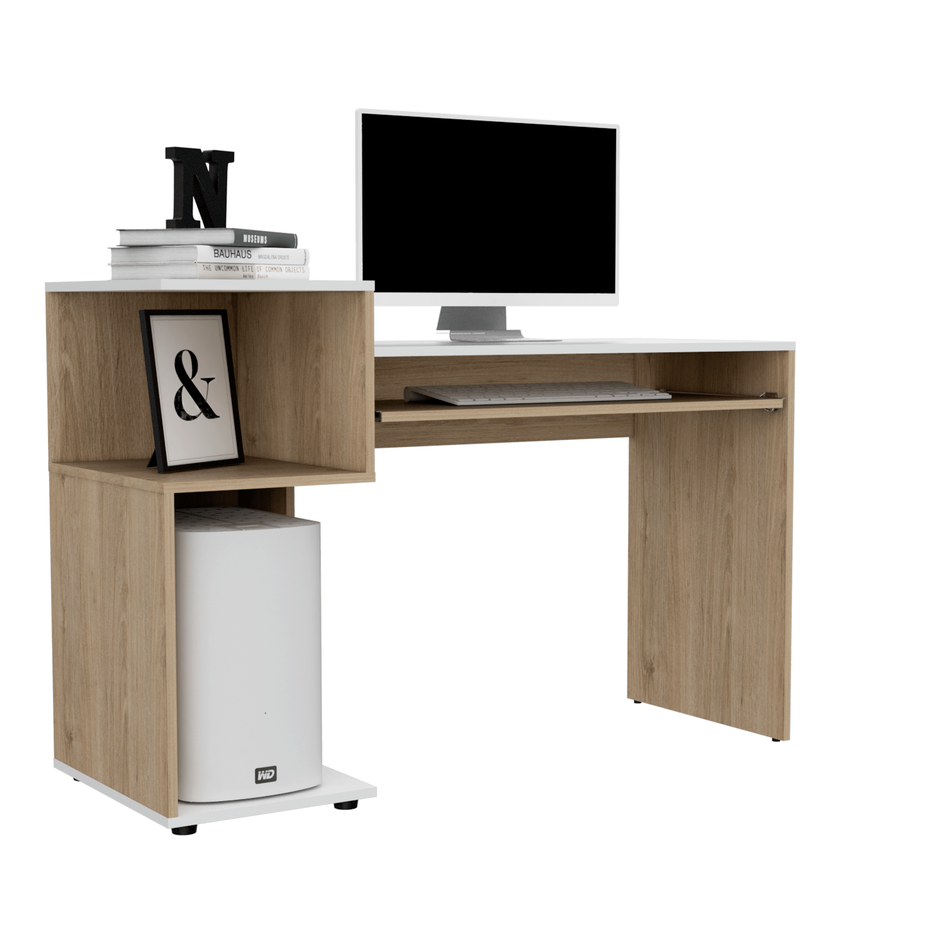 Escritorio Izan, Beige y Blanco, Bandeja Porta Teclado