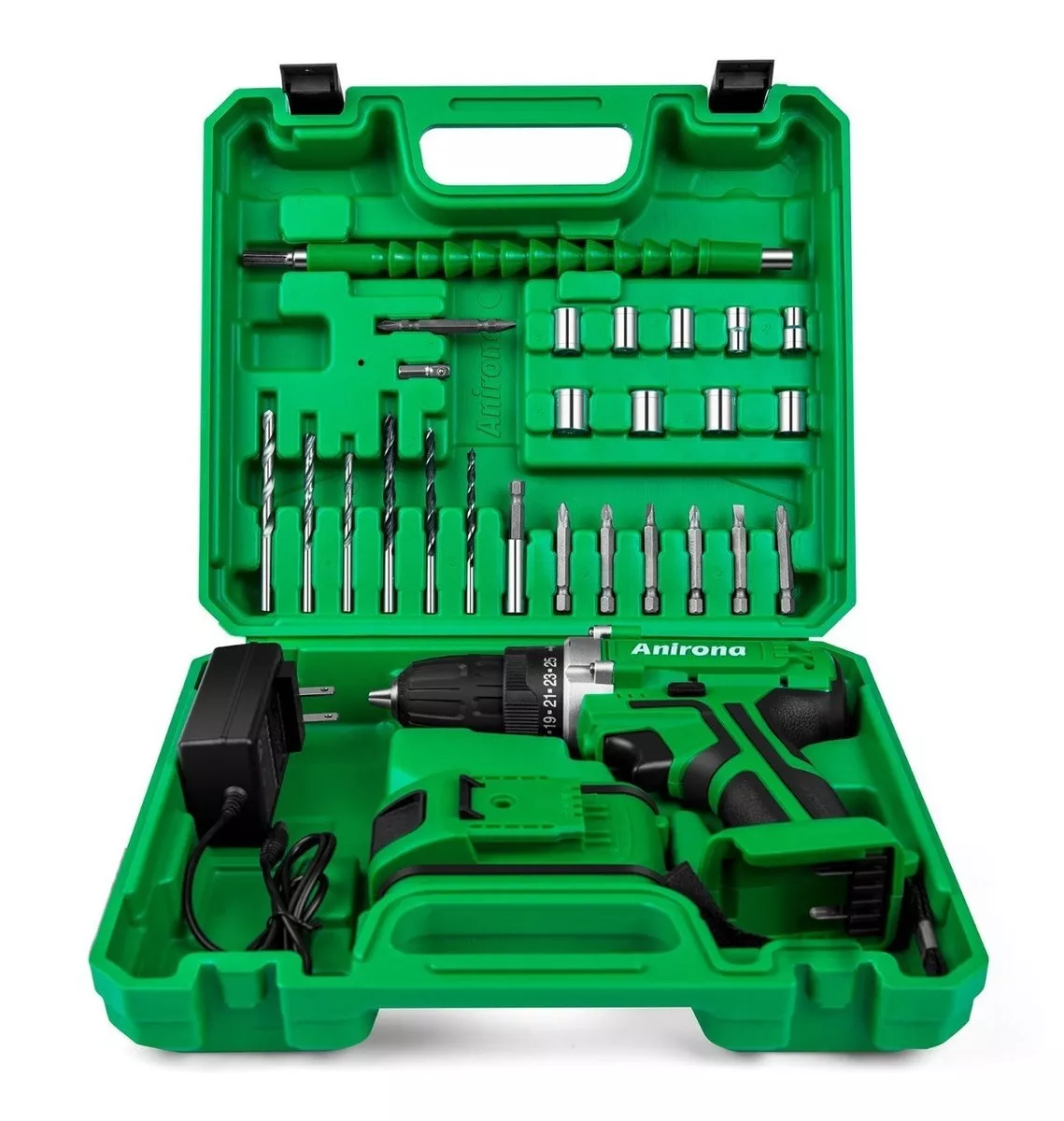 Taladro atornillador inalámbrico de 10mm Anirona 1 batería de 1.5Ah + accesorios con maletín de transporte Verde