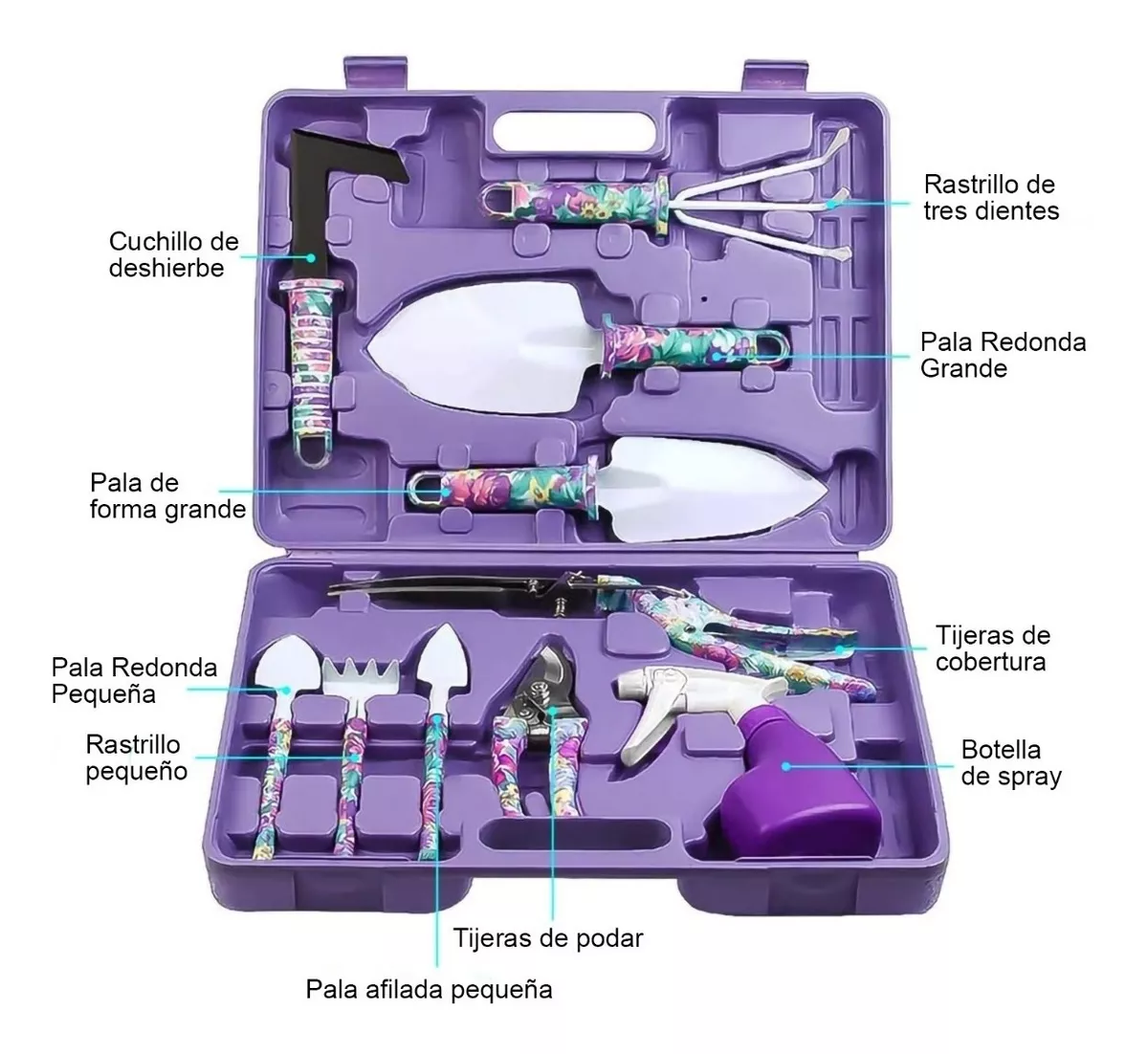 Herramientas De Jardinería Con Caja, 10 Piezas Morado