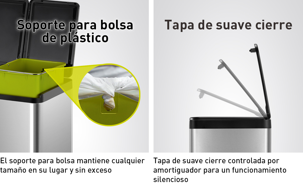 Bote de basura doble para cocina baño oficina Acero Inoxidable 40L reciclaje con tapa EKO Recycler