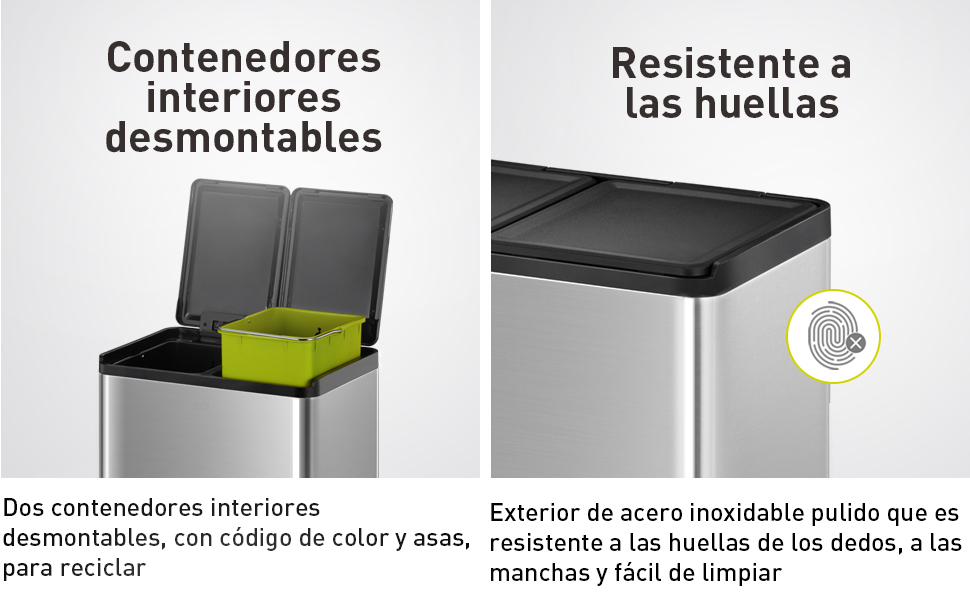 Bote de basura doble para cocina baño oficina Acero Inoxidable 40L reciclaje con tapa EKO Recycler