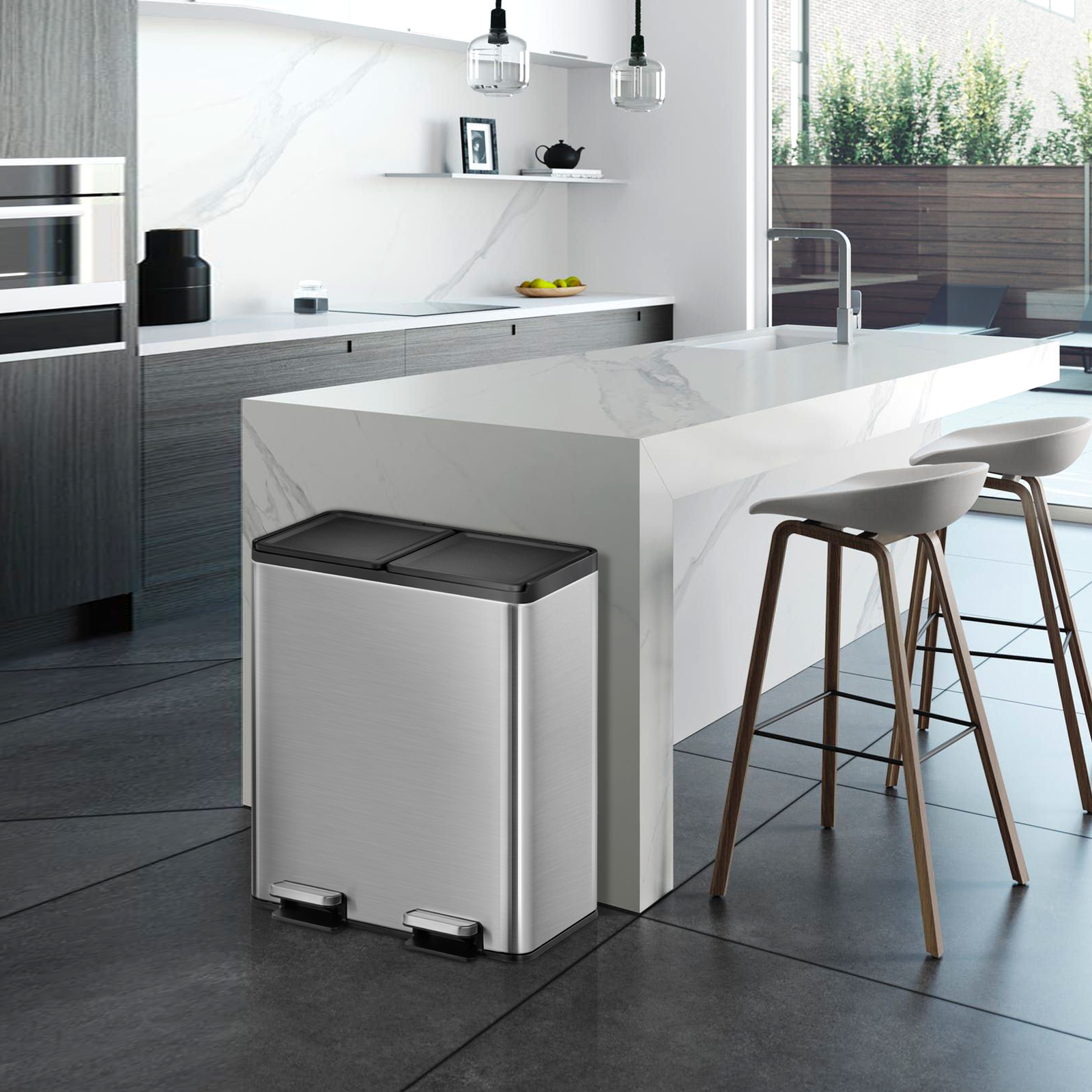 Bote de basura doble para cocina baño oficina Acero Inoxidable 40L reciclaje con tapa EKO Recycler