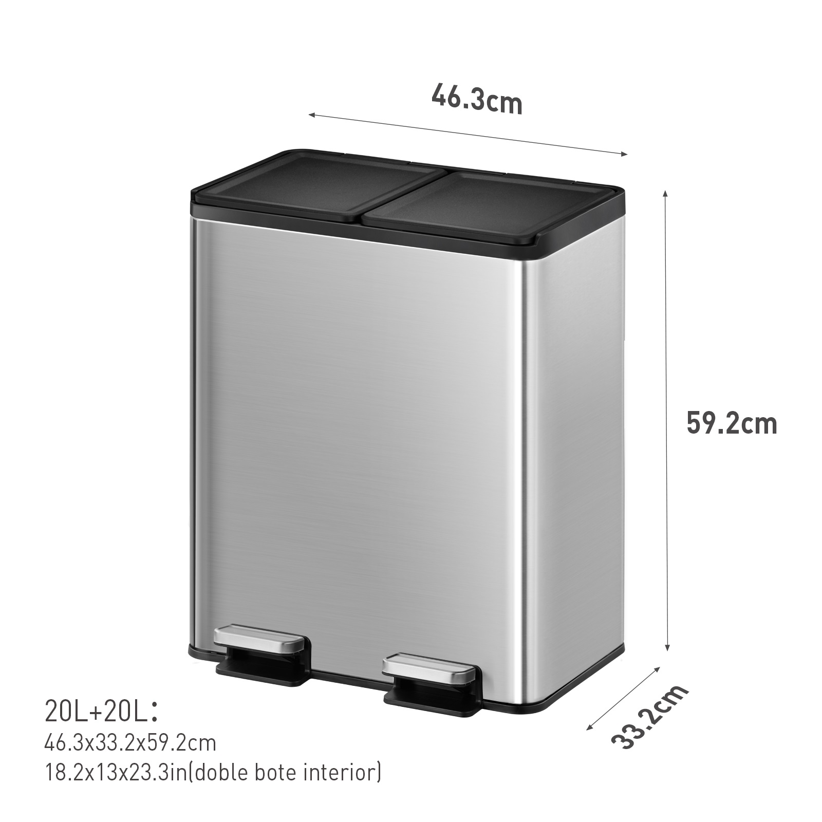 Bote de basura doble para cocina baño oficina Acero Inoxidable 40L reciclaje con tapa EKO Recycler