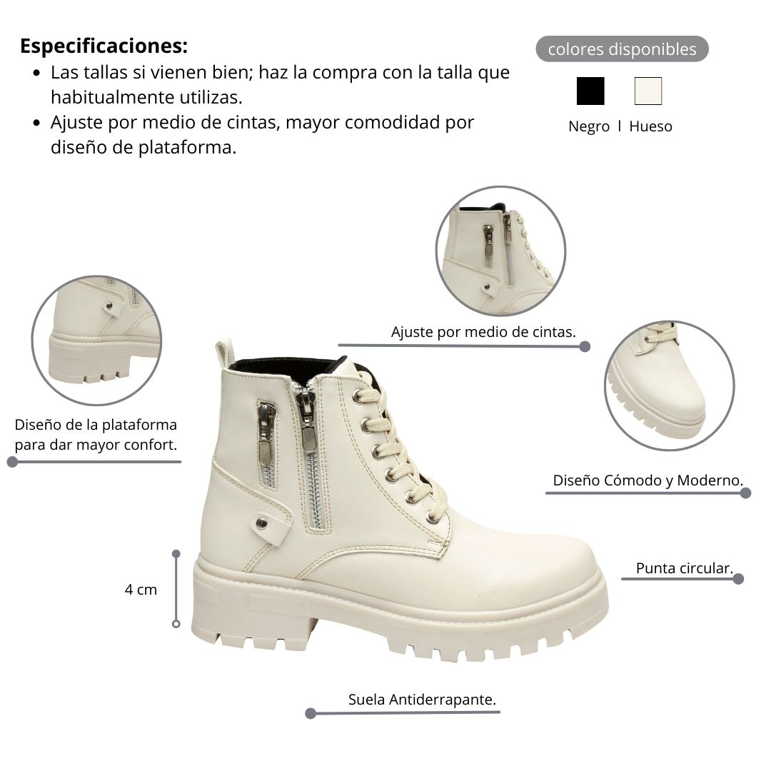 Botas Combat Fareli Olivia Para Mujer Urbanas Color Hueso y Negro