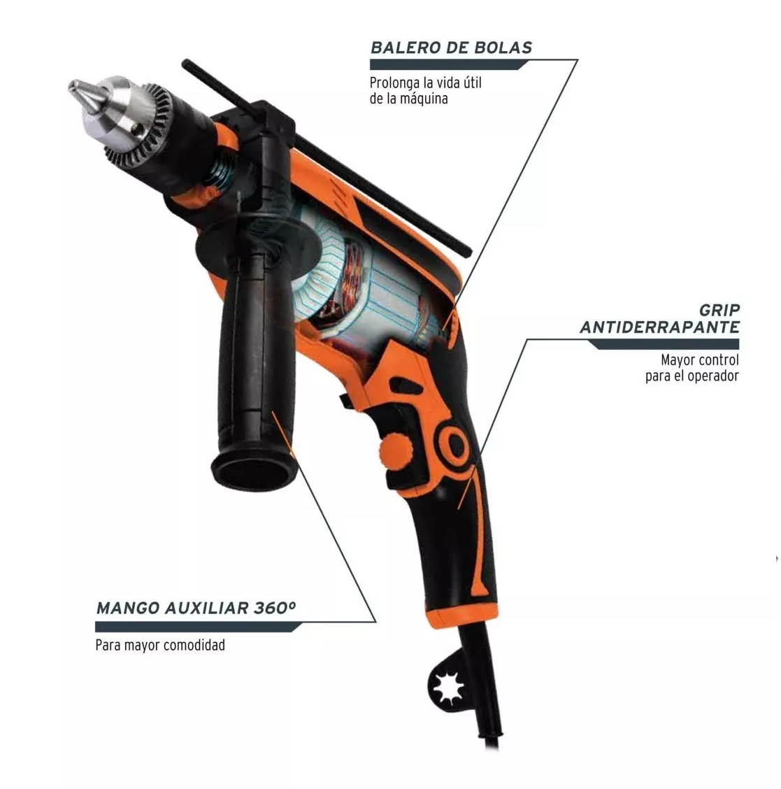 Taladro rotomartillo atornillador eléctrico de 1/2"  650W, caja de cartón, 127V, 60Hz NARANJA/NEGRO
