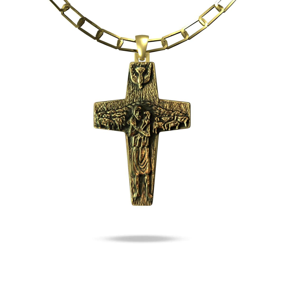 Cruz del Buen Pastor Papa Francisco Bañada en Oro 14k con Cadena CRUZ GRANDE