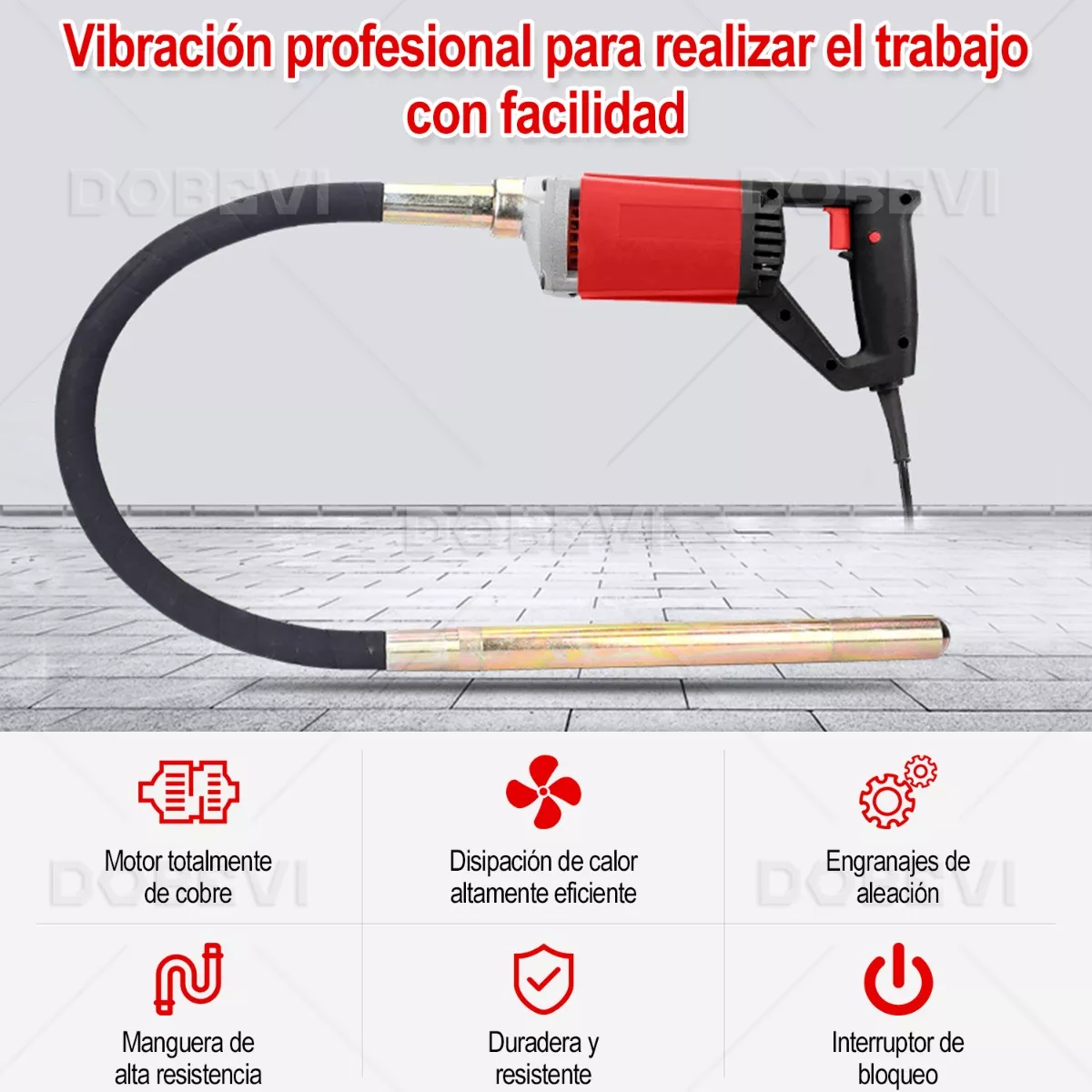 Vibrador Concreto Electrico 1200w Portátil Con 1.5m Chicote Rojo/Negro
