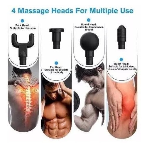 Pistola Fascial Gun Masajeador Muscular 4 cabezales 6 Niveles