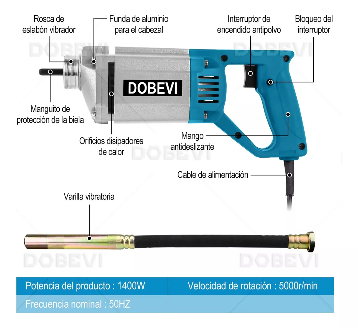 Vibrador Concreto 1400w  Electrico Portátil Con 2m Chicote  Gris/Azul