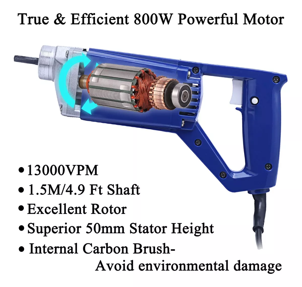 Vibrador Eléctrico Hormigón Concreto 800w, 13,000 Vpm, 1.5mt Azul/Gris