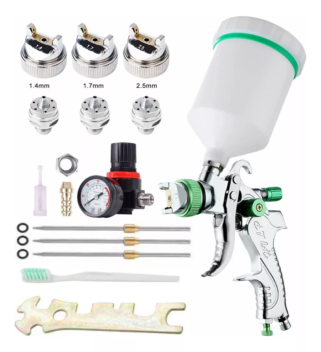 Pistola Gravedad Pintura Automotriz De 600ml 1,4/1,7/2,0 Mm Plata/Verde