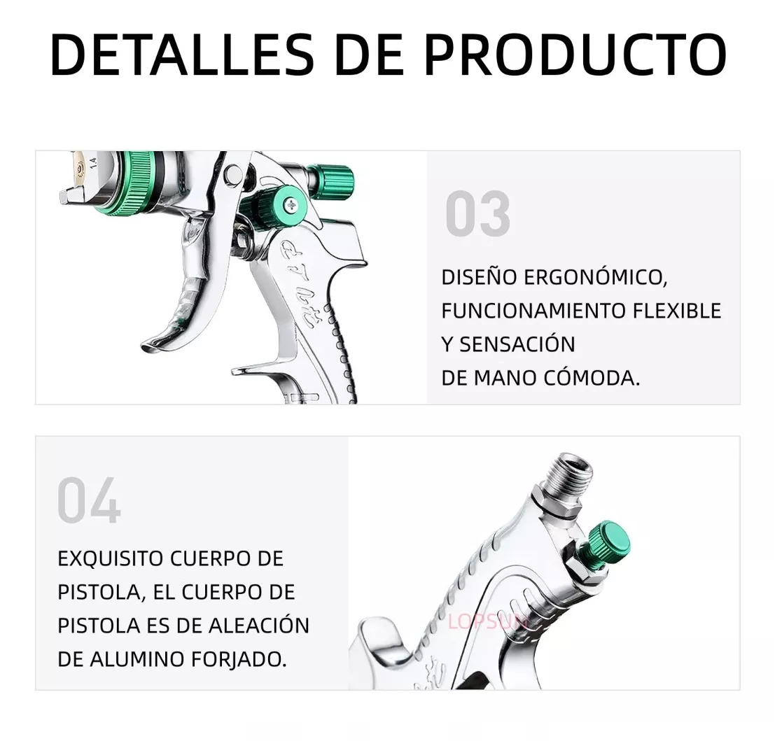 Pistola Gravedad Pintura Automotriz De 600ml 1,4/1,7/2,0 Mm Plata/Verde