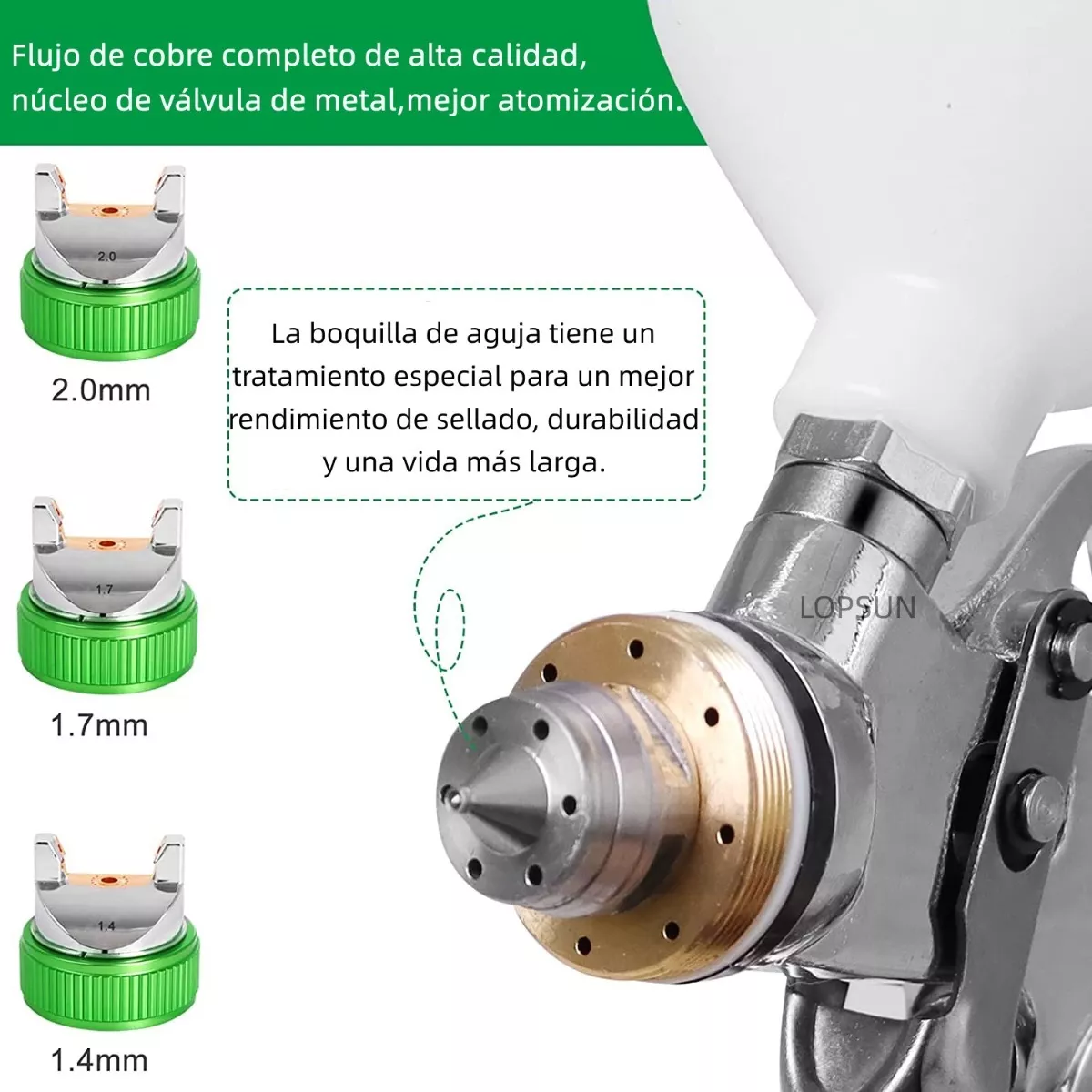 Pistola Gravedad Pintura Automotriz De 600ml 1,4/1,7/2,0 Mm Plata/Verde